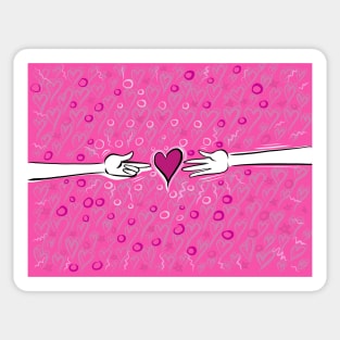 Hands touching a heart on hot pink background Sticker